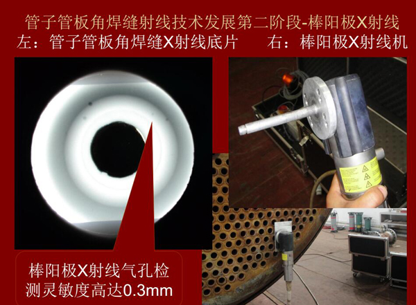管子管板角焊縫射線(xiàn)技術(shù)發(fā)展第二階段：棒陽(yáng)極X射線(xiàn)，棒陽(yáng)極X射線(xiàn)采用棒陽(yáng)極X射線(xiàn)機(jī)，其氣孔檢測(cè)靈敏可高達(dá)0.3mm