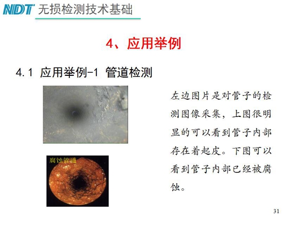 應用舉例一1 管道檢測，從兩張檢測對比圖片可以明顯看到管子  內部存在著起皮，另一張可以看以管子內部己經被腐蝕