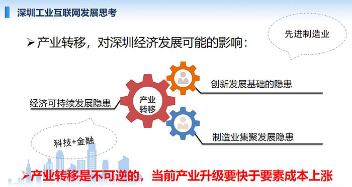 產(chǎn)業(yè)轉(zhuǎn)移，對深圳經(jīng)濟發(fā)展可能的影響：創(chuàng)新發(fā)展基礎(chǔ)的隱患、經(jīng)濟可持續(xù)發(fā)展隱患、制造業(yè)集聚發(fā)展隱患；產(chǎn)業(yè)轉(zhuǎn)移是不可逆的， 當(dāng)前產(chǎn)業(yè)升級要快于要素成本上漲